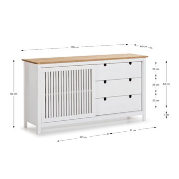 Credenza Bruna in legno massiccio colore bianco e pino 150x40x80H - Anta scorrevole e 3 cassetti