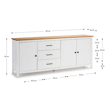 Credenza Miranda in legno massiccio colore bianco e pino 191x40x80H - 3 Ante e 3 cassetti