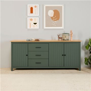 Credenza Miranda in legno massiccio colore verde e pino 191x40x80H - 3 Ante e 3 cassetti