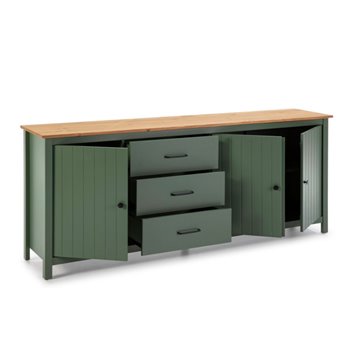 Credenza Miranda in legno massiccio colore verde e pino 191x40x80H - 3 Ante e 3 cassetti