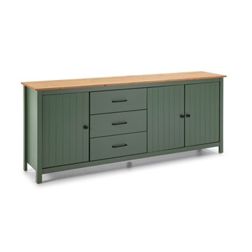 Credenza Miranda in legno massiccio colore verde e pino 191x40x80H - 3 Ante e 3 cassetti