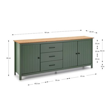 Credenza Miranda in legno massiccio colore verde e pino 191x40x80H - 3 Ante e 3 cassetti