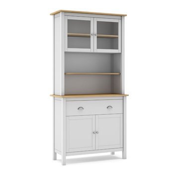 Credenza alta con vetrina Misti in legno massiccio bianco e rovere - 4 ante, 2 cassetti 90x40x180H