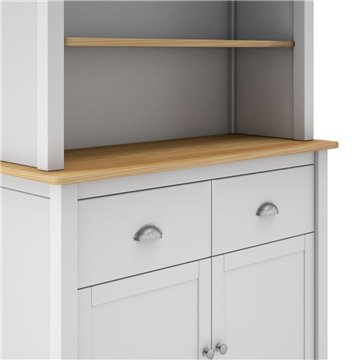 Credenza alta con vetrina Misti in legno massiccio bianco e rovere - 4 ante, 2 cassetti 90x40x180H