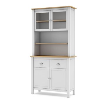 Credenza alta con vetrina Misti in legno massiccio bianco e rovere - 4 ante, 2 cassetti 90x40x180H