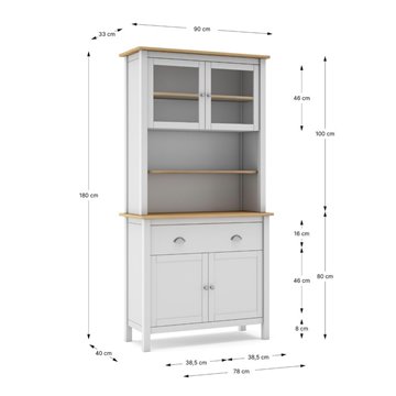 Credenza alta con vetrina Misti in legno massiccio bianco e rovere - 4 ante, 2 cassetti 90x40x180H