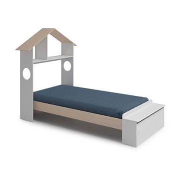 Letto singolo Odessa in legno massiccio con testiera a casetta e pediera contenitore bianco 216,5x128,5x153H