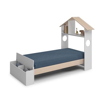 Letto singolo Odessa in legno massiccio con testiera a casetta e pediera contenitore bianco 216,5x128,5x153H