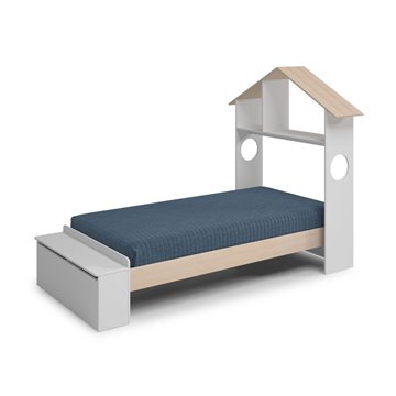 Letto singolo Odessa in legno massiccio con testiera a casetta e pediera contenitore bianco 216,5x128,5x153H