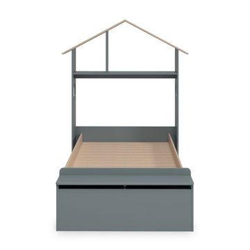 Letto singolo Odessa in legno massiccio con testiera a casetta e pediera contenitore verde cachi e pino 216,5x128,5x153H