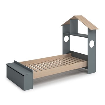 Letto singolo Odessa in legno massiccio con testiera a casetta e pediera contenitore verde cachi e pino 216,5x128,5x153H
