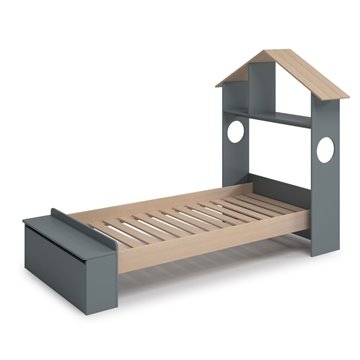 Letto singolo Odessa in legno massiccio con testiera a casetta e pediera contenitore verde cachi e pino 216,5x128,5x153H