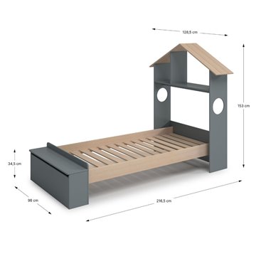 Letto singolo Odessa in legno massiccio con testiera a casetta e pediera contenitore verde cachi e pino 216,5x128,5x153H