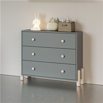 Cassettiera Enola in legno massiccio con 3 cassetti verde cachi e gambe in pino naturale 90x40x80H