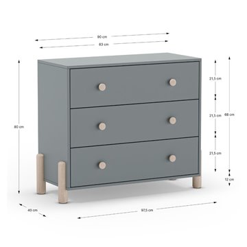 Cassettiera Enola in legno massiccio con 3 cassetti verde cachi e gambe in pino naturale 90x40x80H