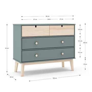 Cassettiera 4 cassetti verde cachi e pino Estefania 100x40x81H - Legno massiccio per ambienti accoglienti