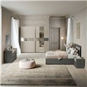 Camera da letto Tania grigio e talco armadio scorrevole con specchi e letto contenitore in legno