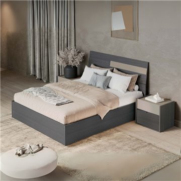 Camera da letto Tania grigio e talco armadio scorrevole con specchi e letto contenitore in legno