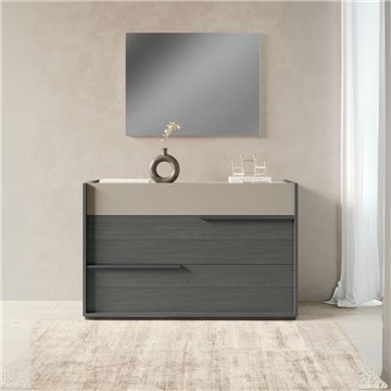 Camera da letto Tania grigio e talco armadio scorrevole con specchi e letto contenitore in legno
