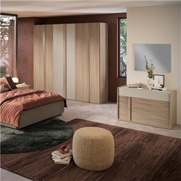 Camera da letto Faba con armadio 6 ante battenti noce e talco e letto contenitore Napoli