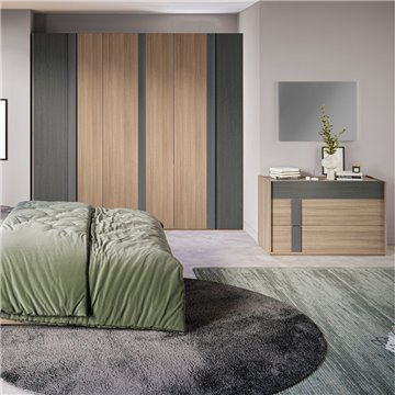 Camera da letto Faba armadio 6 ante noce e grigio e letto contenitore in legno noce