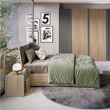 Camera da letto Faba armadio 6 ante noce e grigio e letto contenitore in legno noce