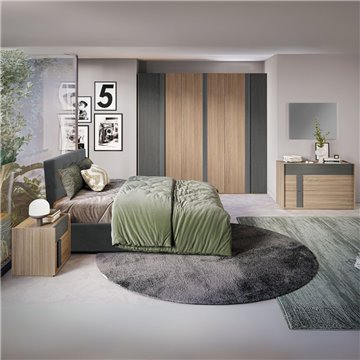 Camera da letto Faba armadio 6 ante battenti in noce e grigio e letto contenitore Ascoli grigio