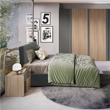 Camera da letto Faba armadio 6 ante battenti in noce e grigio e letto contenitore Ascoli grigio
