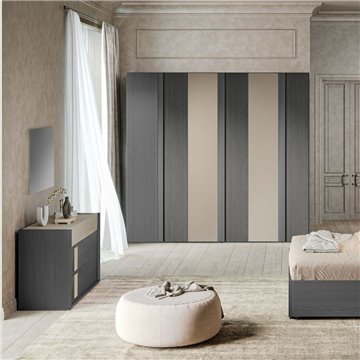 Camera da letto Faba armadio 6 ante battenti grigio e talco e letto contenitore in legno