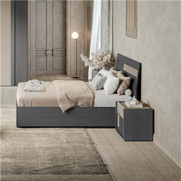 Camera da letto Faba armadio 6 ante battenti grigio e talco e letto contenitore in legno