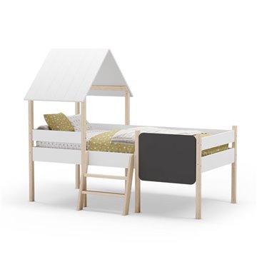 Letto rialzato a casetta Mint in legno massiccio bianco e pino con lavagnetta