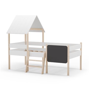 Letto rialzato a casetta Mint in legno massiccio bianco e pino con lavagnetta