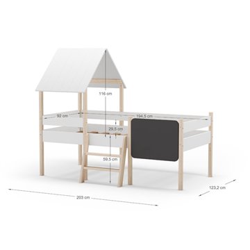Letto rialzato a casetta Mint in legno massiccio bianco e pino con lavagnetta