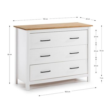 Comò Miranda in legno massiccio bianco e pino 100x40x80H - Stile Elegante e Robusto