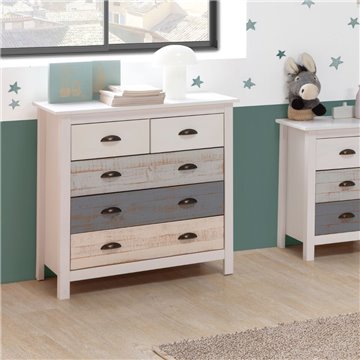 Comò in legno massiccio bianco grigio e crema Romantica 79x40x80H - Eleganza Naturale con 5 cassetti