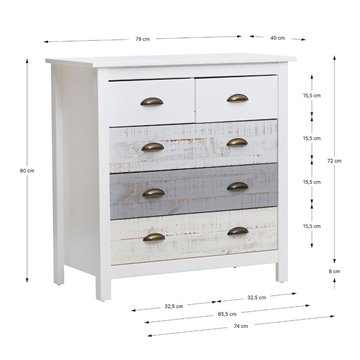 Comò in legno massiccio bianco grigio e crema Romantica 79x40x80H - Eleganza Naturale con 5 cassetti