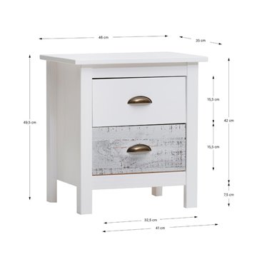 Comodino in legno massiccio bianco e grigio Romantica 46x35x49,5H - Eleganza Naturale con 2 cassetti