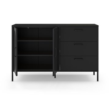 Credenza in metallo Diora nero con 2 ante reticolate e 3 cassetti - Design industriale, anima versatile