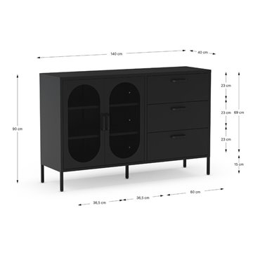 Credenza in metallo Diora nero con 2 ante reticolate e 3 cassetti - Design industriale, anima versatile