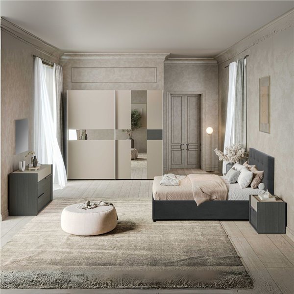Camera da letto Tania grigio e talco armadio scorrevole con specchi e letto contenitore Ascoli Camera da letto Tania grigio e talco armadio scorrevole con specchi e letto contenitore Ascoli