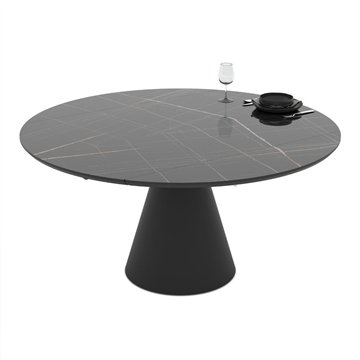 Tavolo girevole allungabile Yandan con piano effetto marmo nero lucido e base conica in metallo nero 150x94x76H