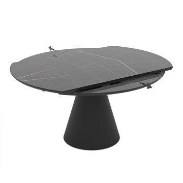 Tavolo girevole allungabile Yandan con piano effetto marmo nero lucido e base conica in metallo nero 150x94x76H