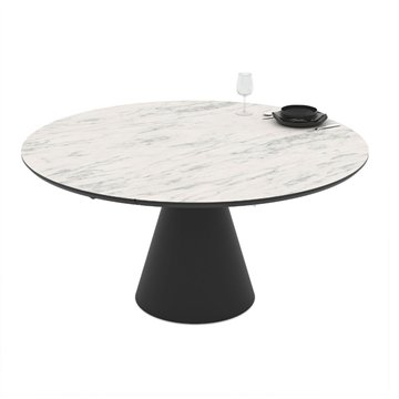 Tavolo girevole allungabile Yandan con piano effetto marmo bianco opaco e base conica in metallo nero 150x94x76H