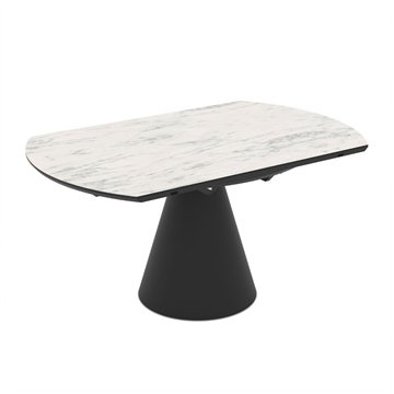 Tavolo girevole allungabile Yandan con piano effetto marmo bianco opaco e base conica in metallo nero 150x94x76H
