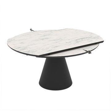 Tavolo girevole allungabile Yandan con piano effetto marmo bianco opaco e base conica in metallo nero 150x94x76H