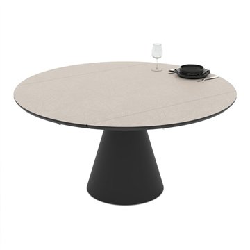 Tavolo girevole allungabile Yandan con piano colore cashmere e base conica in metallo nero 150x94x76H