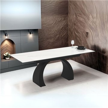 Tavolo allungabile con piano in ceramica effetto marmo bianco e base arcuata nera 140x80x76H Libra
