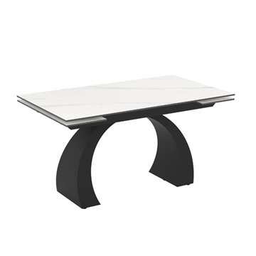 Tavolo allungabile Libra con piano in ceramica effetto marmo bianco e base arcuata nera 140x80x76H