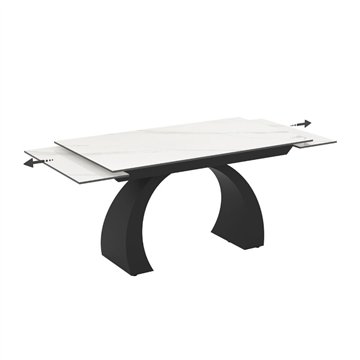 Tavolo allungabile Libra con piano in ceramica effetto marmo bianco e base arcuata nera 140x80x76H