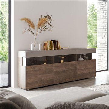 Madia Itaca 3 ante in noce eastwood e cashmere con dettagli in vetro 180x41.2x80H - Ordine ed Eleganza